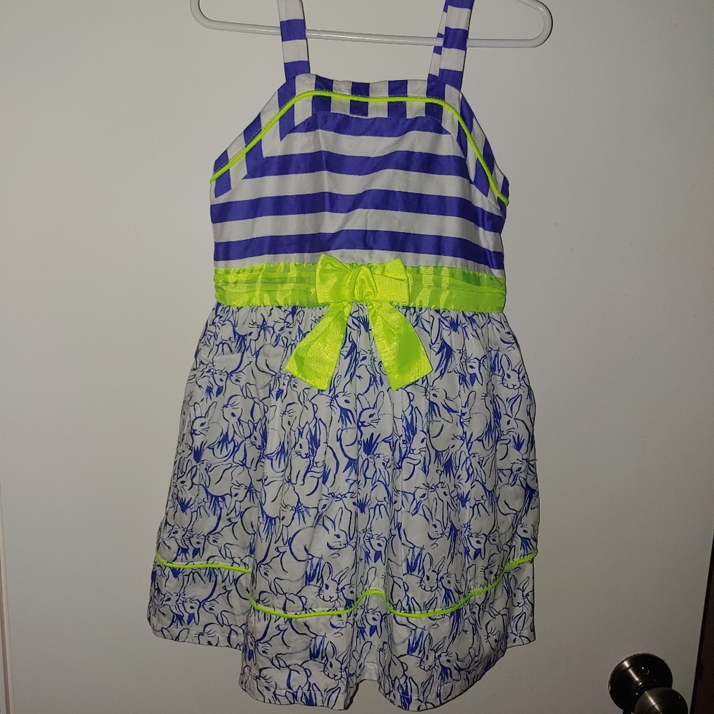 Bunny & blue stripe dress, neon yellow accents, 2T & 4T, Cat & Jack